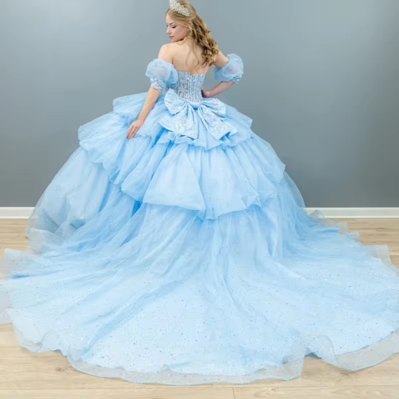 Sky Blue Glitter Ball Gown Sweet 16 Year Old Quinceanera Dresses Beads Bow Elegant Evening Party Dress Vestidos De Gala Vestidos De 15 Anos