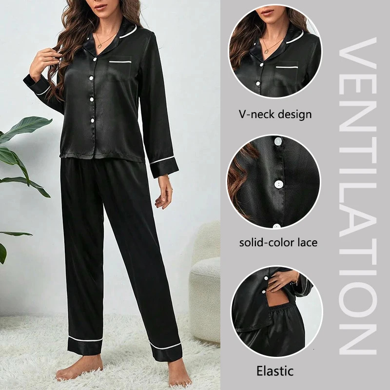 Plus Size Fall and Winter Silk Satin Women Pajamas Set Button down Top Trousers 2 PCS Set Sleepwear Solid Nightwear Loungewear 251022