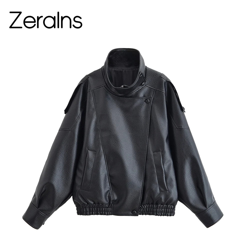 ZERAINS Autumn womens clothing European and American fashion loose leather long sleeved stand up collar jacket 251021