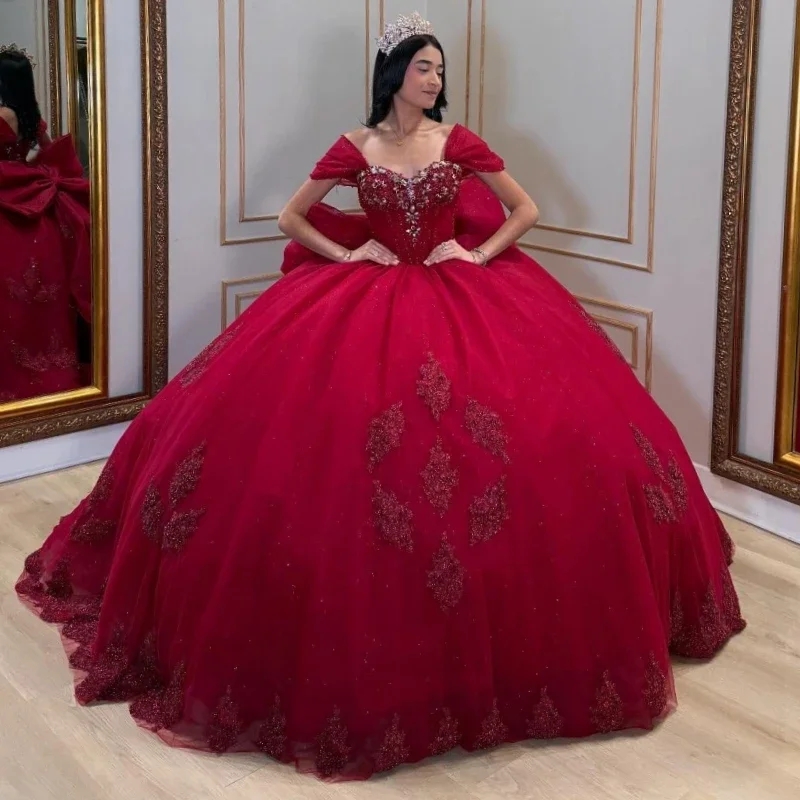 Mexican Red Ball Gown Quinceanera Dresses For Sweet 16 Years Party Dress Applique Lace Beads With Big Bow Vestidos De 15 Anos