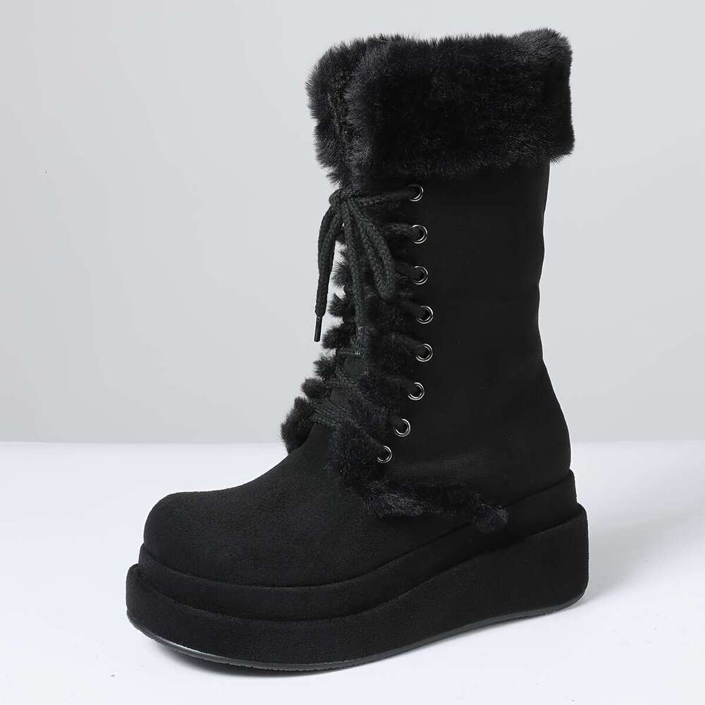 Fluffy Women Snow Double Platform Chunky Heels Lace Up Mid Calf Shoes Faux Furry Warm Punk Goth Christmas Boots
