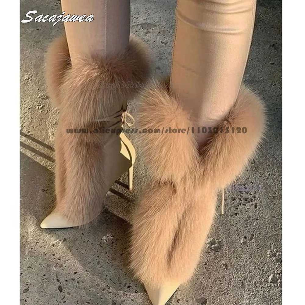 Solid Fur Back Drawstring Plush High Heel Boots Size 3542 Pointed Toe Sexy Lady Modern Boots Slip On Grace Party Boots Z251020