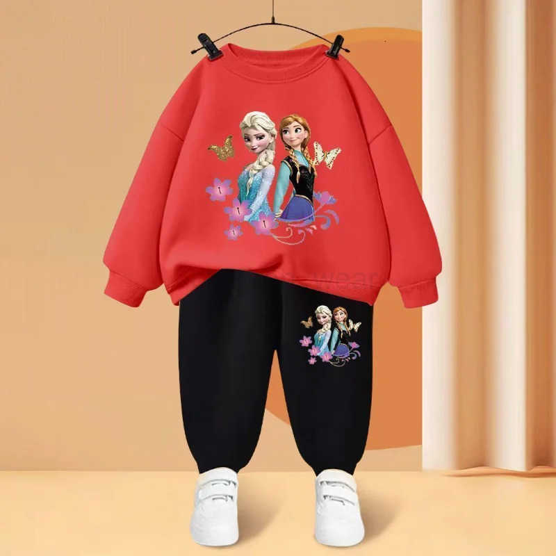 Disney Childrens Sweatshirt Sets Baby Girls O Neck Pullover Pants Two Piece Elsa Princess Cartoon Printed Kids Tracksuit H251022