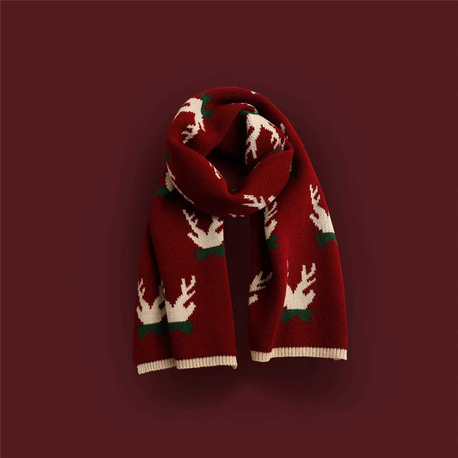 Versatile Christmas Knitted Wool Red Scarf Deer Elk Scarfs Printed Snowflake Warm Personality Couple Shawl Merry Christmas gifts J251022