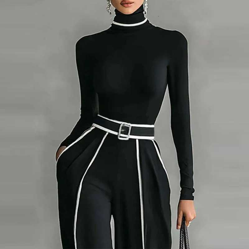 Women Fashion Color Blocking Outfits Casual Pocket Commuting Loose 2Pc Set Elegant Stand Collar Long Sleeve Top Long Pant SuitT251022