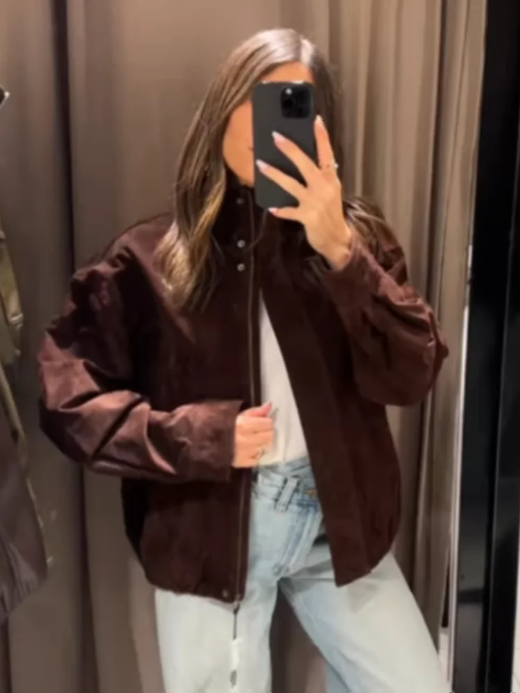 Vintage Brown Suede Short Jacket Women Elegant Stand Long Sleeve Zipper Bomber Coats Autumn Chic Female Commute Street Outerwear 251020