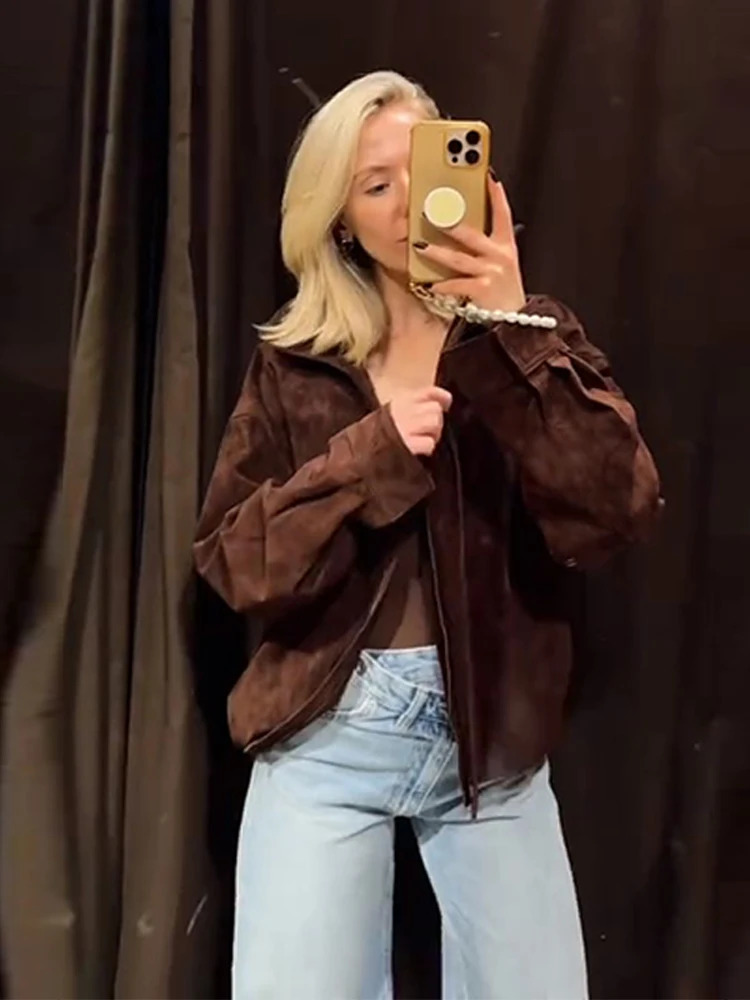 Vintage Brown Suede Short Jacket Women Elegant Stand Long Sleeve Zipper Bomber Coats Autumn Chic Female Commute Street Outerwear 251020