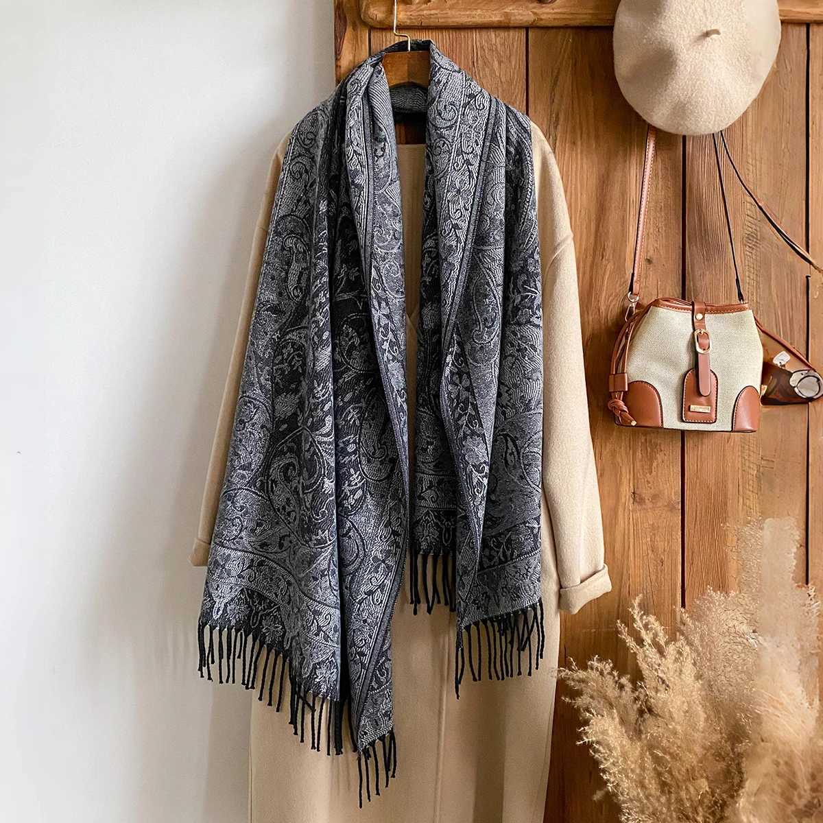 Winter Womens Thick Shawl National Style Warm Long Tassel Scarf with Flower Embellishment Versatile Poncho Stole J251118