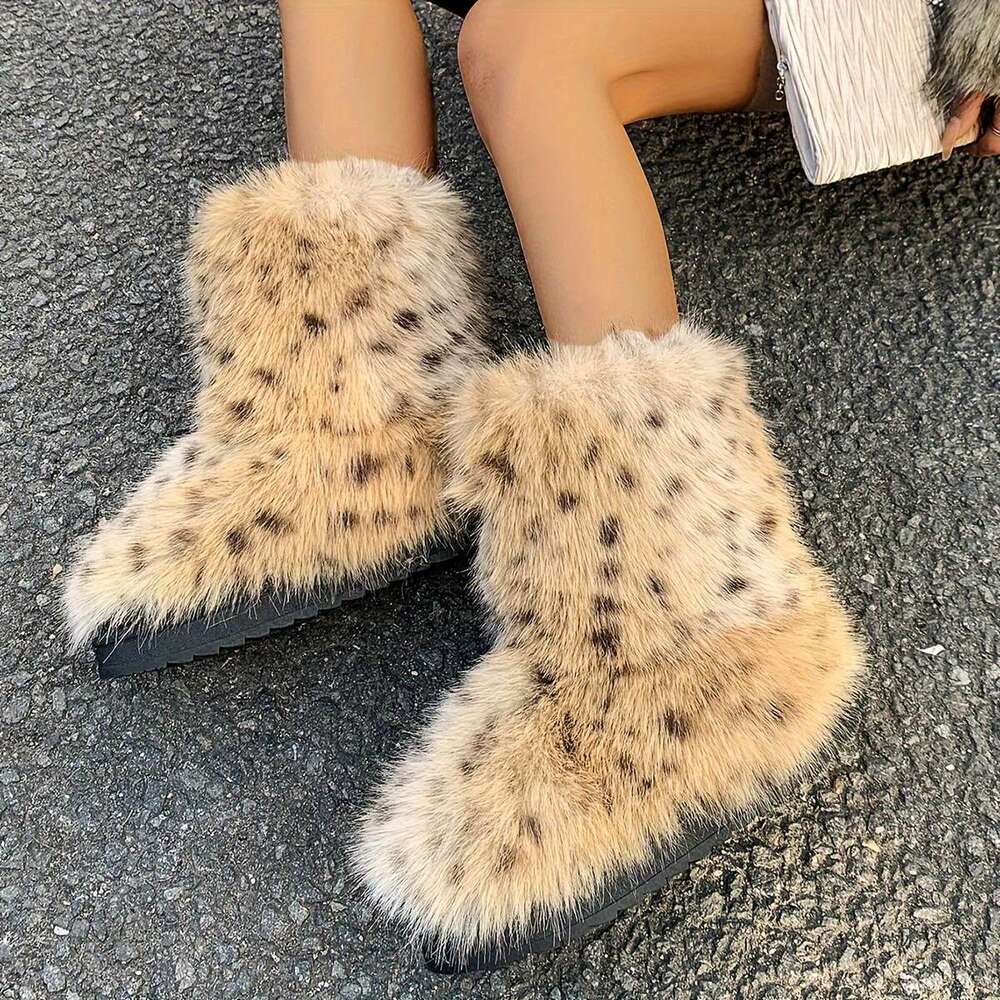 Women's Ry Snow Boots Warm Plush Fabric Lined Anti-Slip Rubber Sole Comfort Fluffy Winter Booties With Thick Platform