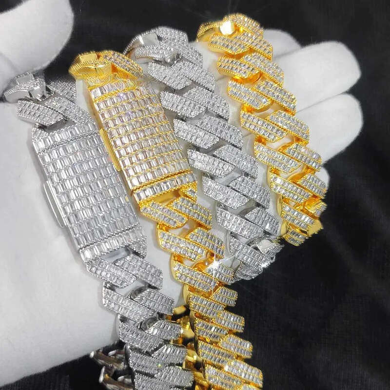 Hip Hop Jewelry Necklace Iced Out CZ Cubic Zirconia 20mm Baguette Miami Cuban Chain in Gold