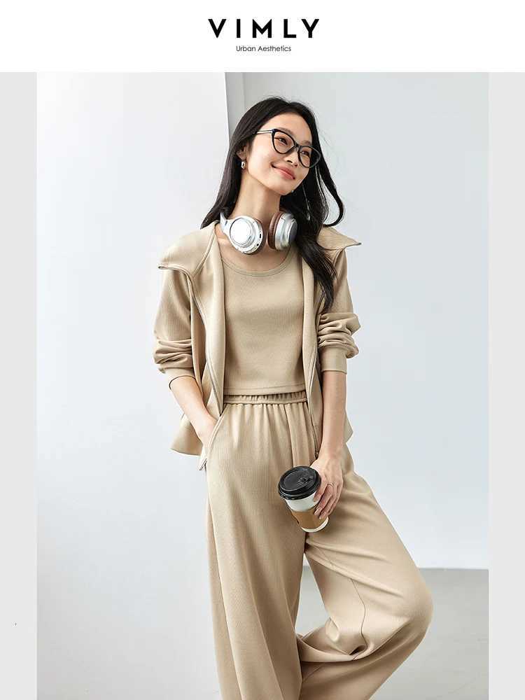 VIMLY Women 2025 Autumn Sporty SweatshirtsVest Pants 3Pcs Suit Office Lady Outfits Casual Sets Ladies Simple Tracksuit A0305T251022