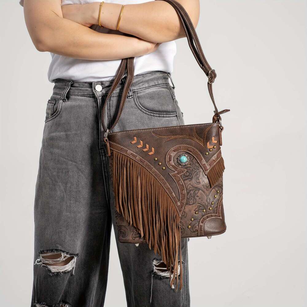 Women's Cowboy Crossbody With Fringe Tassel Decorations Adjustable Strap, Zipper Closure, Hardware, Turquoise Bead Accent Synthetic Faux Leather 