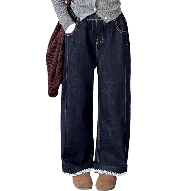 Free Shipping luxury kids pants Girls Wide Leg Jeans with Lace Ruffle Detail, 2025 New Fall Loose Straight Leg Pants, Fashionable Jeans for Big Girl T