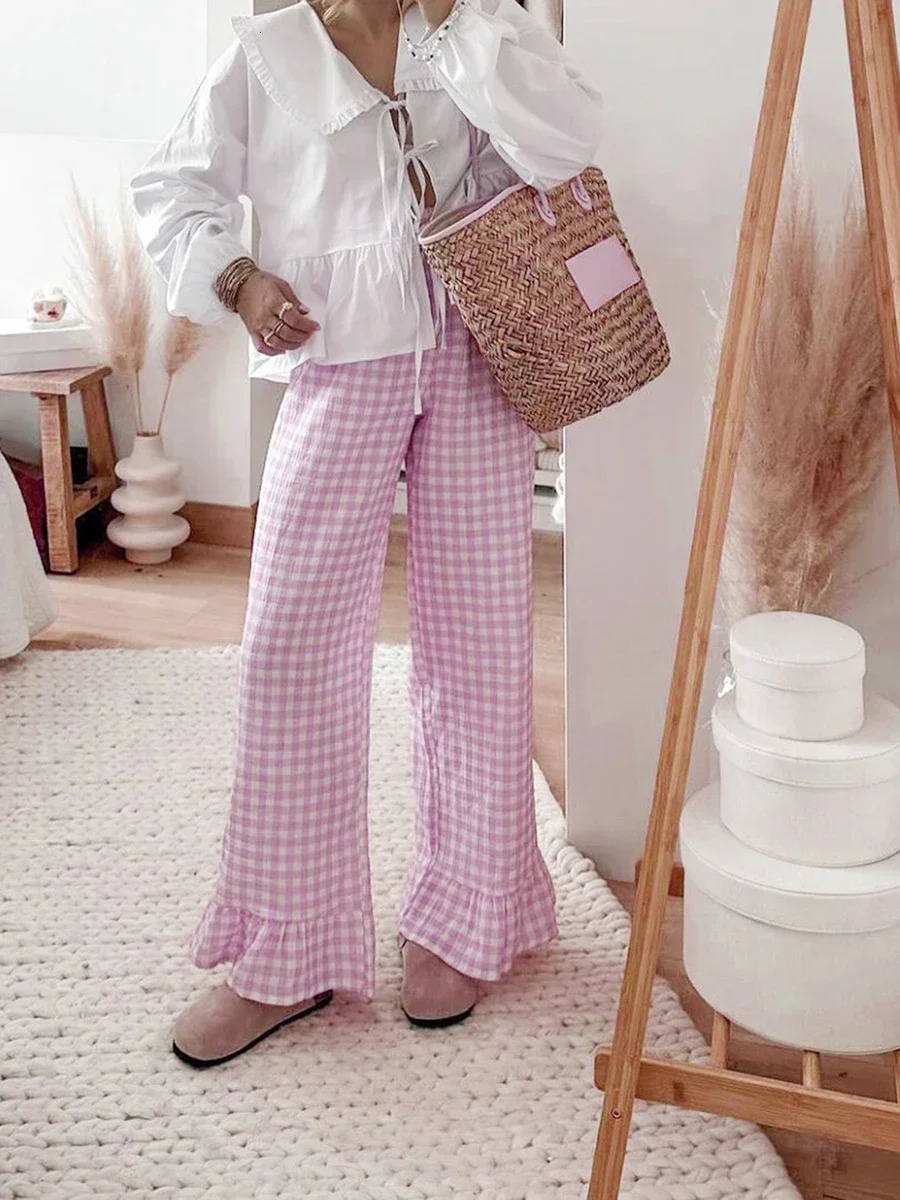 Fashion Plaid Flared Pants Women y2k Vintage Ruffle Hem Pleated High Waist Pants Summer Straight Leg Holiday Trousers 251016