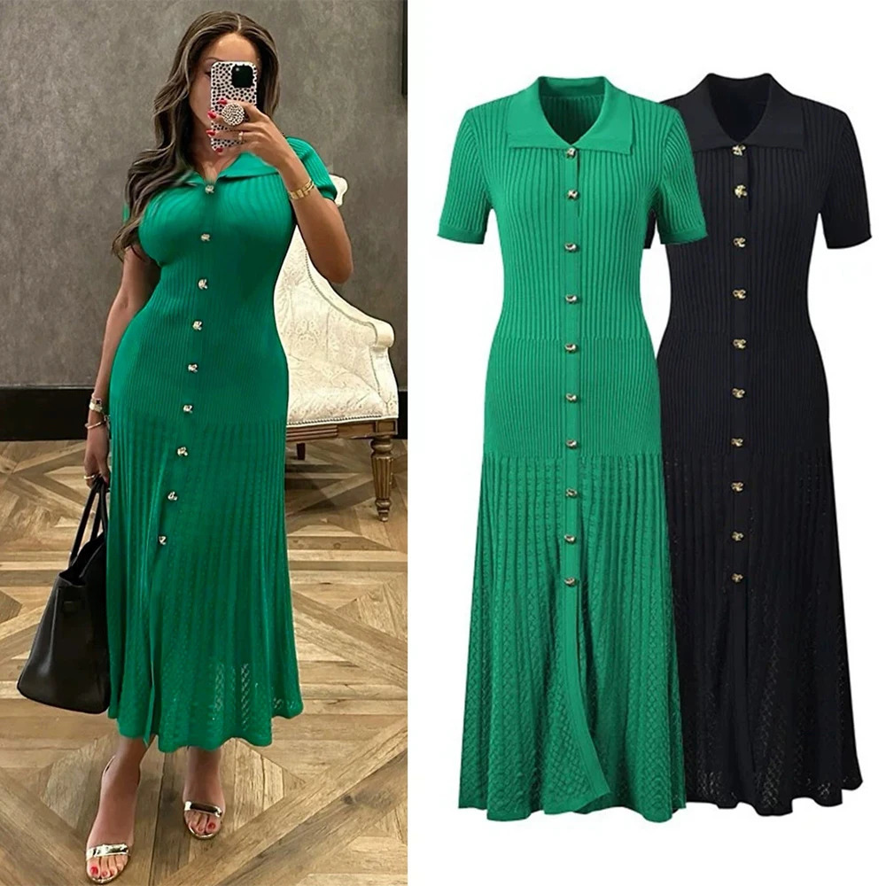 YuooMuoo Fashion Vintage Turndown Collar Knit Maxi Dress Elegant Singlebreasted Aline Long Shirt Dress Lady Vestidos 251020