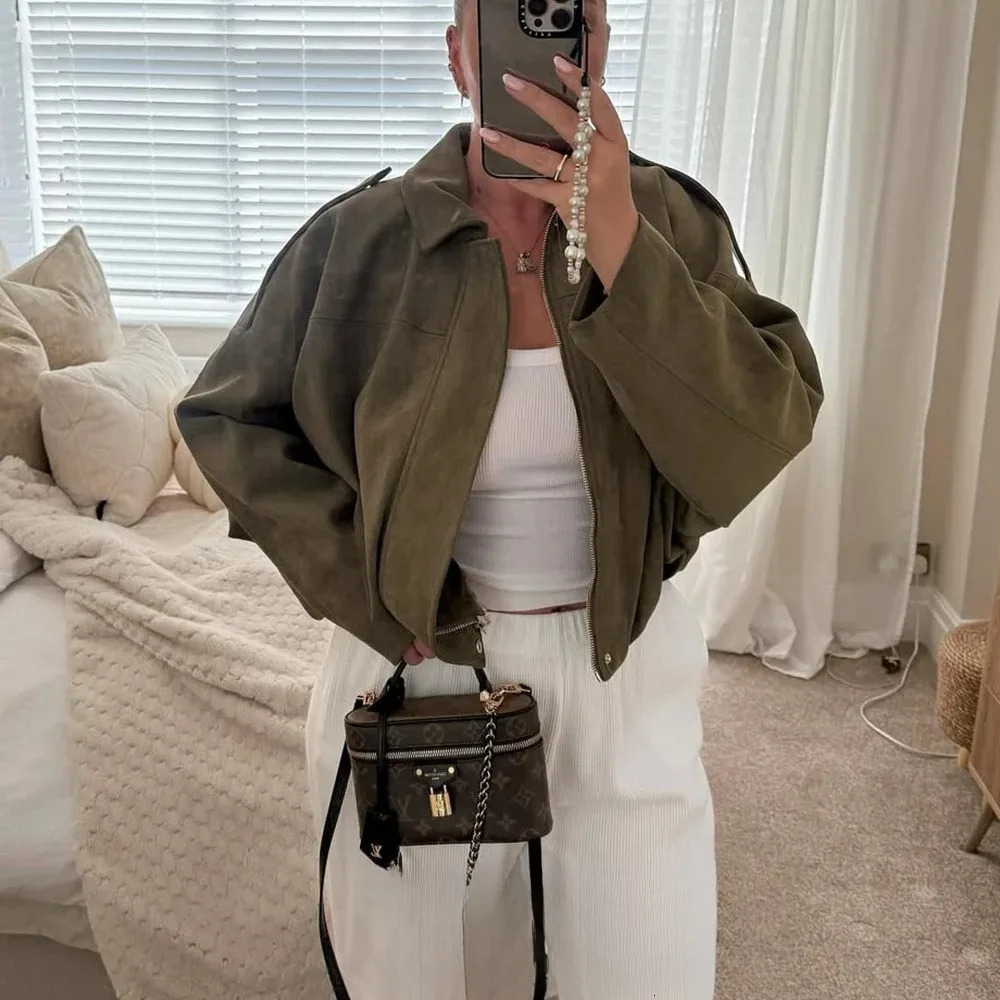 KONDALA Fall Winter Womens Bomber Jacket Lapel Long Sleeve Zipper Suede Jacket Women High Street Jackets Coats Outerwears 251020