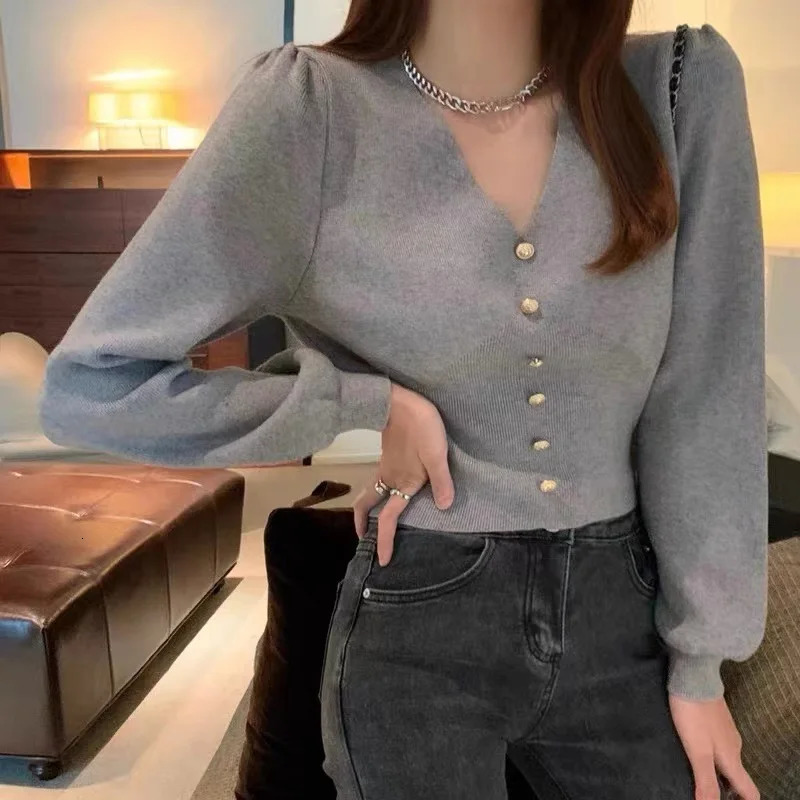 Casual Fashion Solid Button Womens Sweater Autumn Winter Vneck Long Sleeved Base Knitted Cardigan Slim Short Overcoat 2869 251020