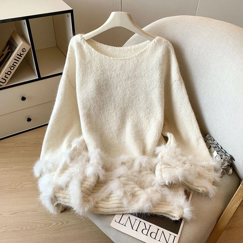MEXZT Faux Fur Patchwork Sweater Women Korean Fashion Long Sleeve Knitted Pullovers Winter Elegant Knitwear Ladies Loose Jumpers 251016