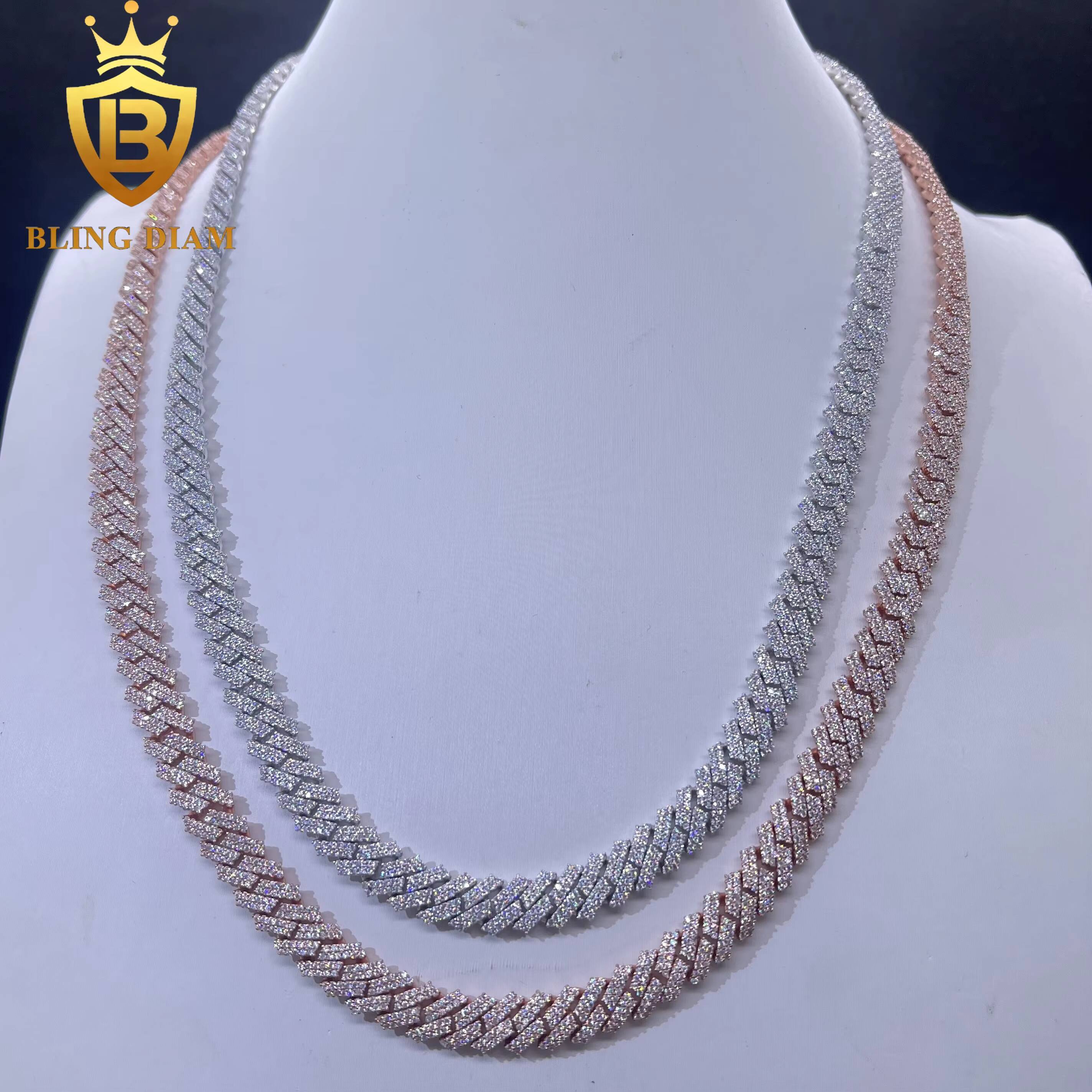 8mm Hip Hop Jewelry 2 Rows Moissanite Iced Out Miami Rose Gold Cuban Link Chain 925 Sterling Silver Necklace for Men