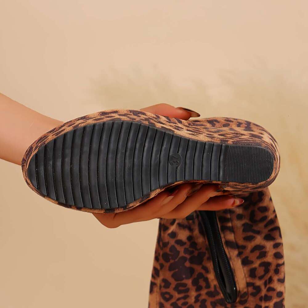 Women's Wild Leopard Over-The-Knee OTK With 10Cm Platform 50Cm High-Calf Design Warm Round Toe Zipper Closure, PU Sole Fabric Upper Stylish Winte