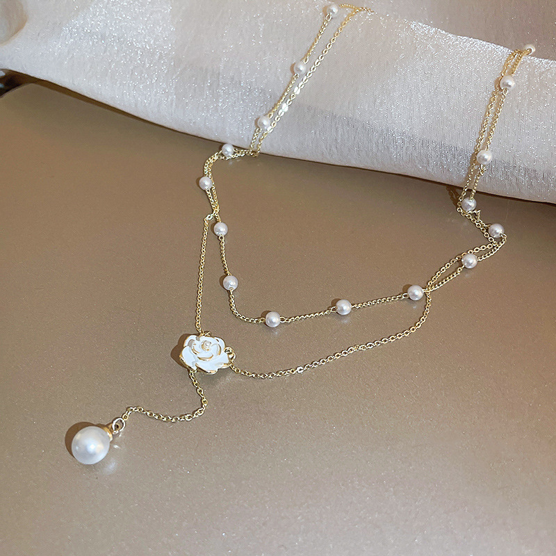 Sweet Temperament Camellia Necklace Simple Fresh Double Layer Clavicle Chain Light Choker New Style Jewelry for Women - view 3