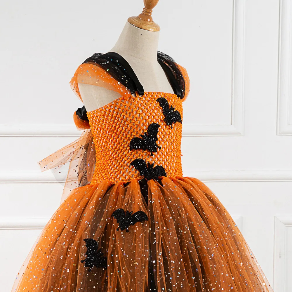Sparkly Bat Halloween Costumes for Girls Kids Witch Long Tutu Dress Children Carnival Party Outfit Gold Black Ball Gown i251021