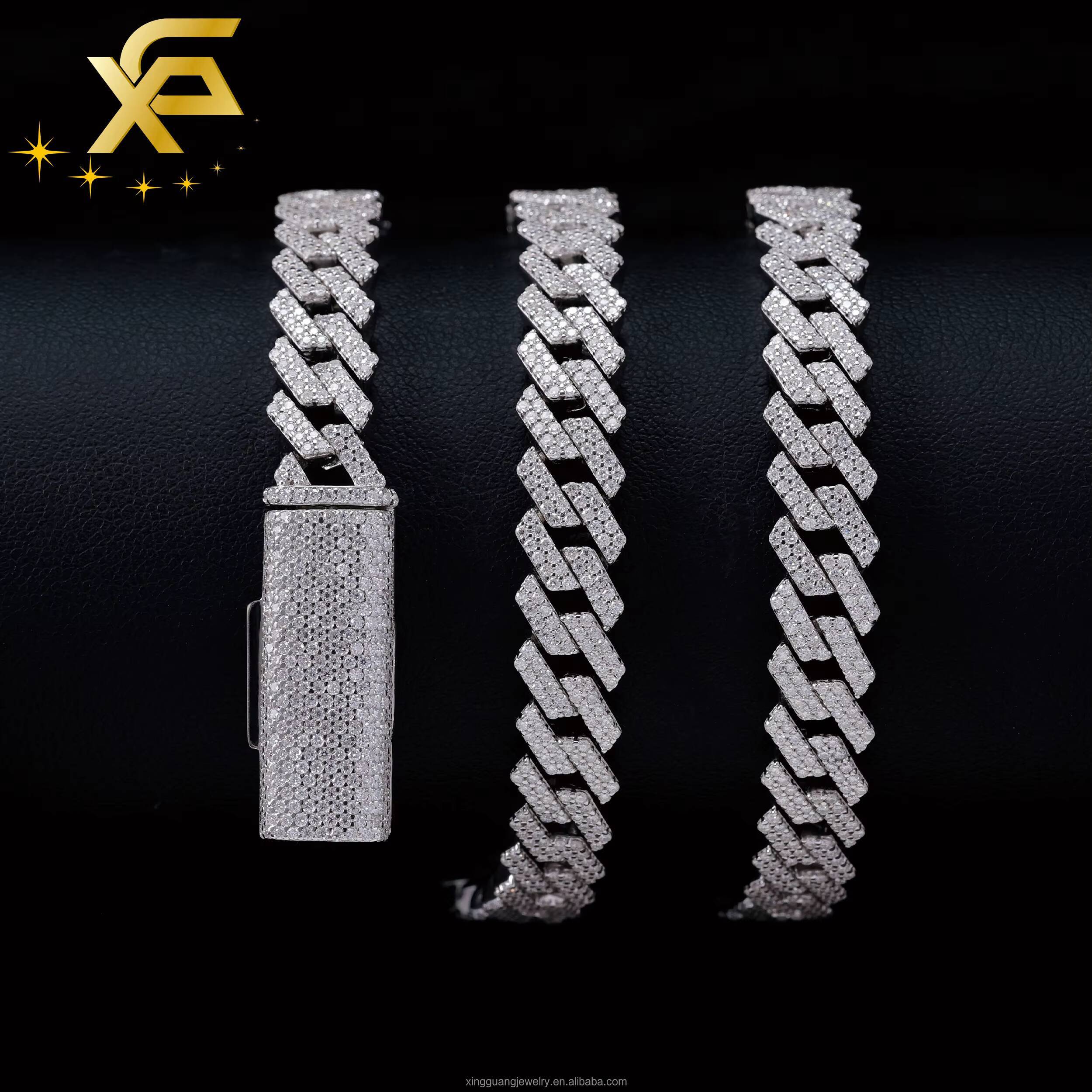 8mm Wide Mens 925 Silver with 2rows Diamond Moissanite Diamond Cuban Lidynamic Chain for Hiphop Fashion Necklace