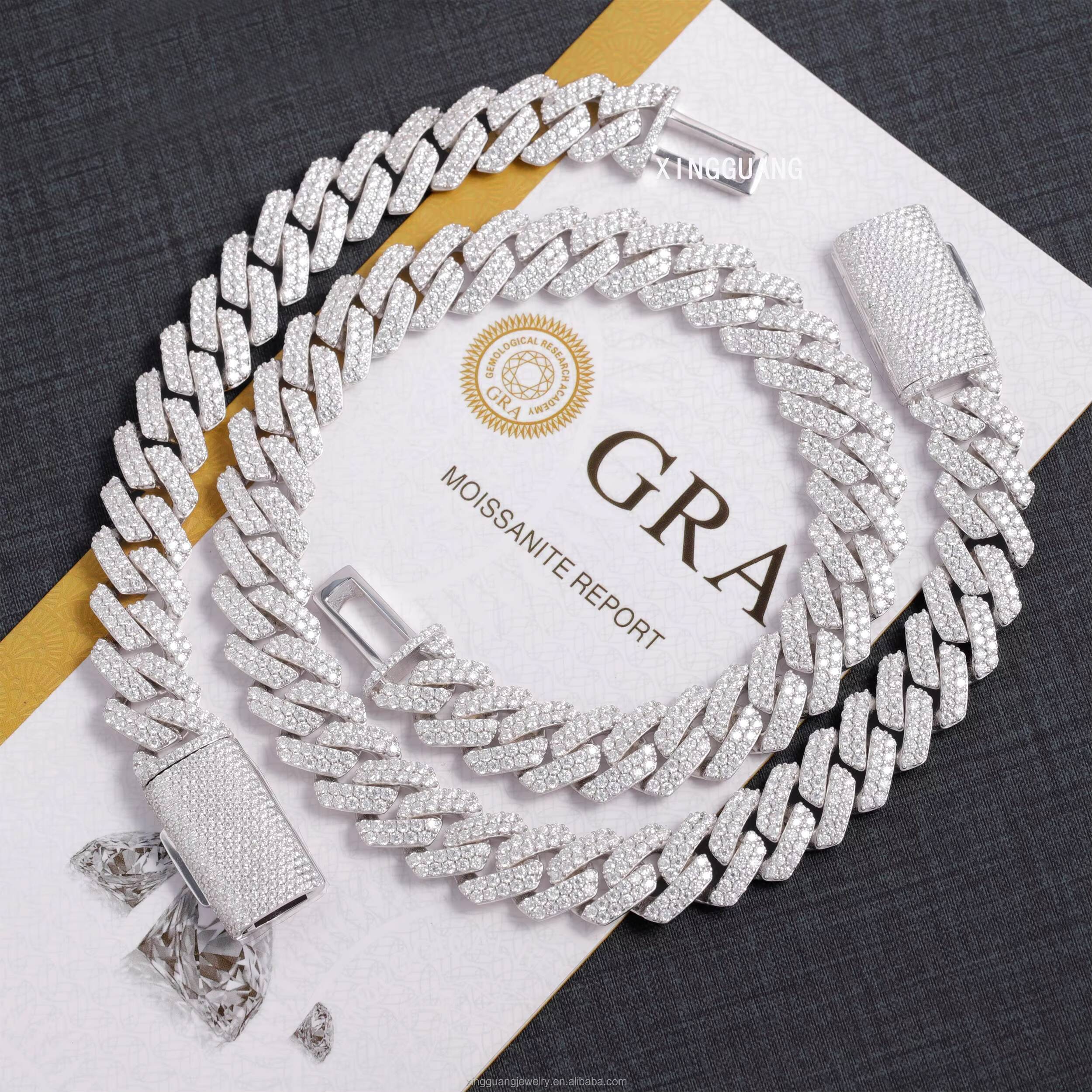 Fine Jewelry Iced Out 15mm Pass Diamond Tester 925 Sterling Silver Moissanite Hip Hop Cuban Lidynamic Chains Bracelet Necklace