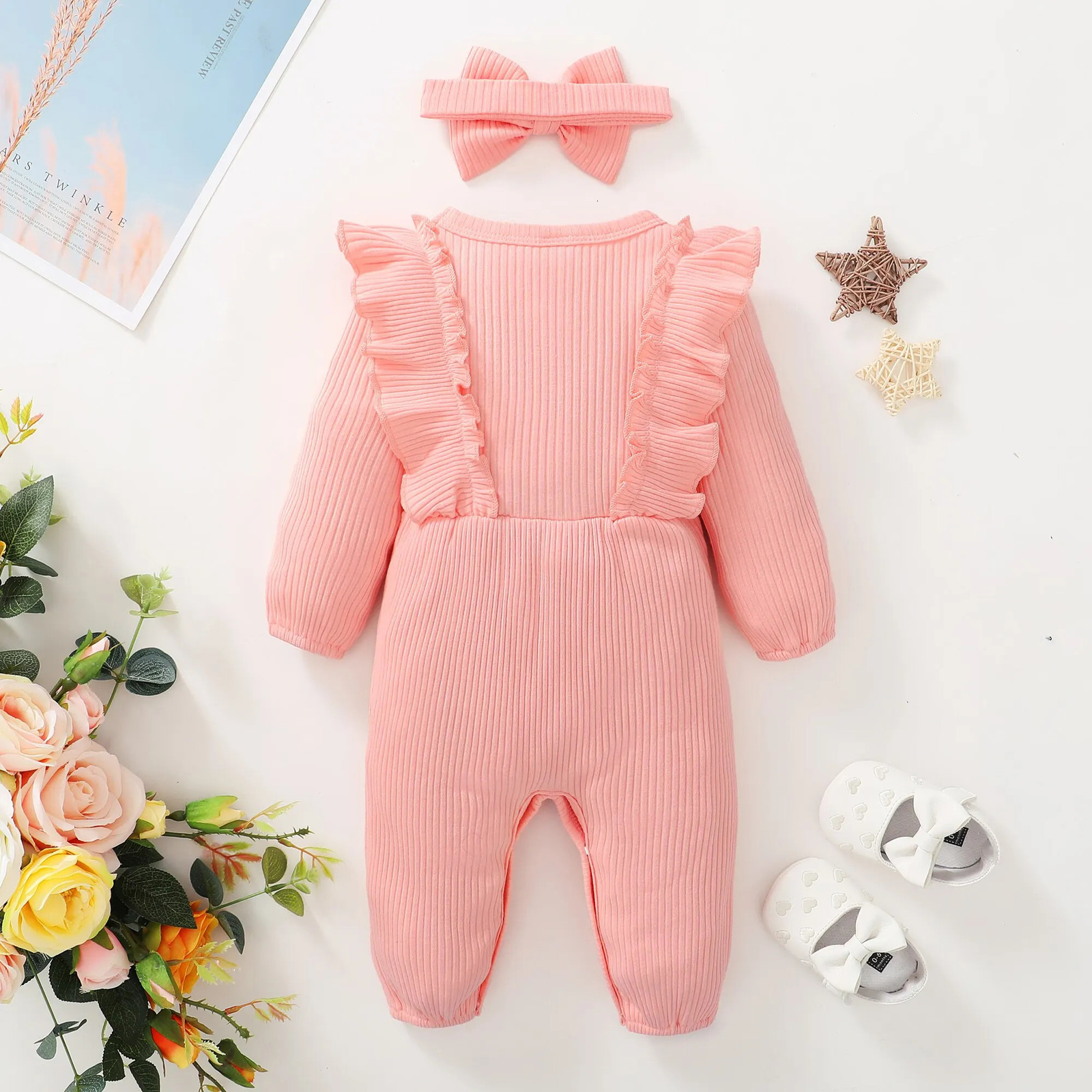 born Baby Girl Romper Long Sleeved Ruffle Bodysuit with Headband Autumn Winter Onesie Outfit Clothing for 018 Months 251022