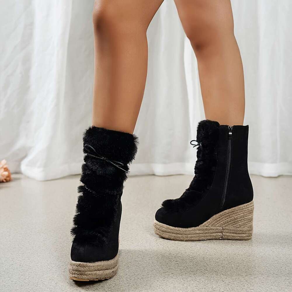 1Pr Women's Fashion Linen Wedge Platform Boots With Faux Fur Trim, Casual Solid Color Zip-Up Pointed Toe Ankle Booties For All Seasons, TPR Sole 