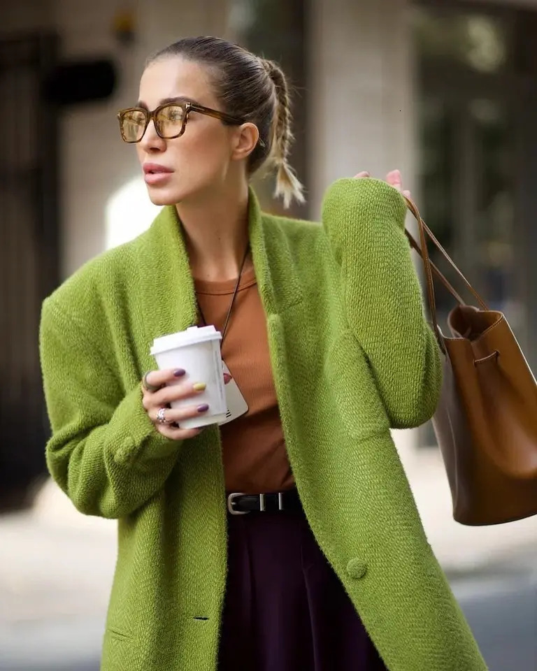 Casual Green Woolen Coat Women Fashionable Solid Color Chic Collar Single Button Jacket Autumn Daily Highstreet Outerwear 251021