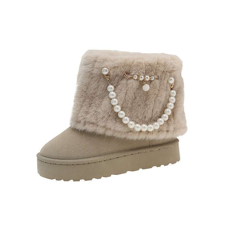 Women's Slip-Resistant Snow Fur-Like Faux Fur Trim Round Toe Moccasin-Style Ankle Buckle Strap Button Detailing, Soft Fabric Arch, Multi-Color Op
