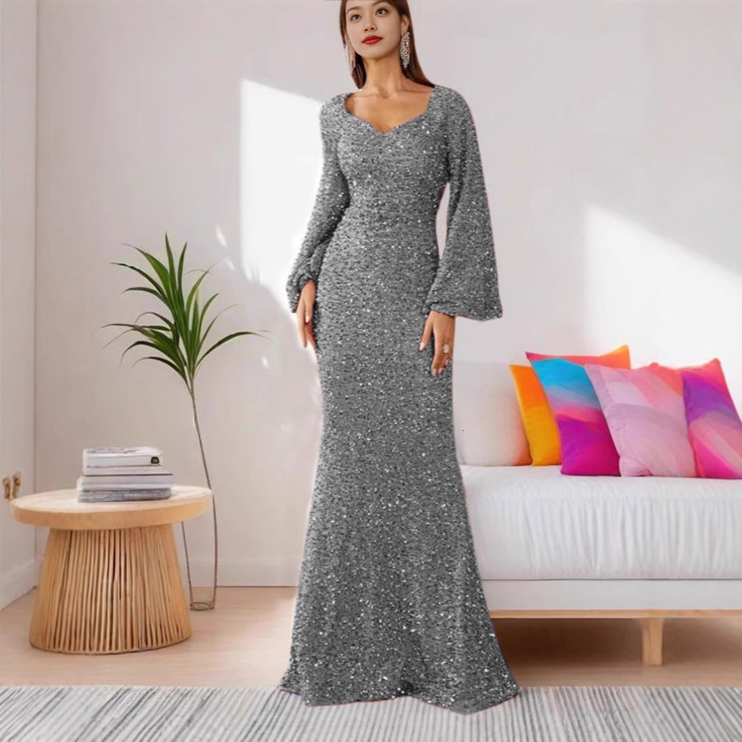 Spring and summer new fashion designer V-neck tight sequin European and American style mid waist flared sleeve length evening gown