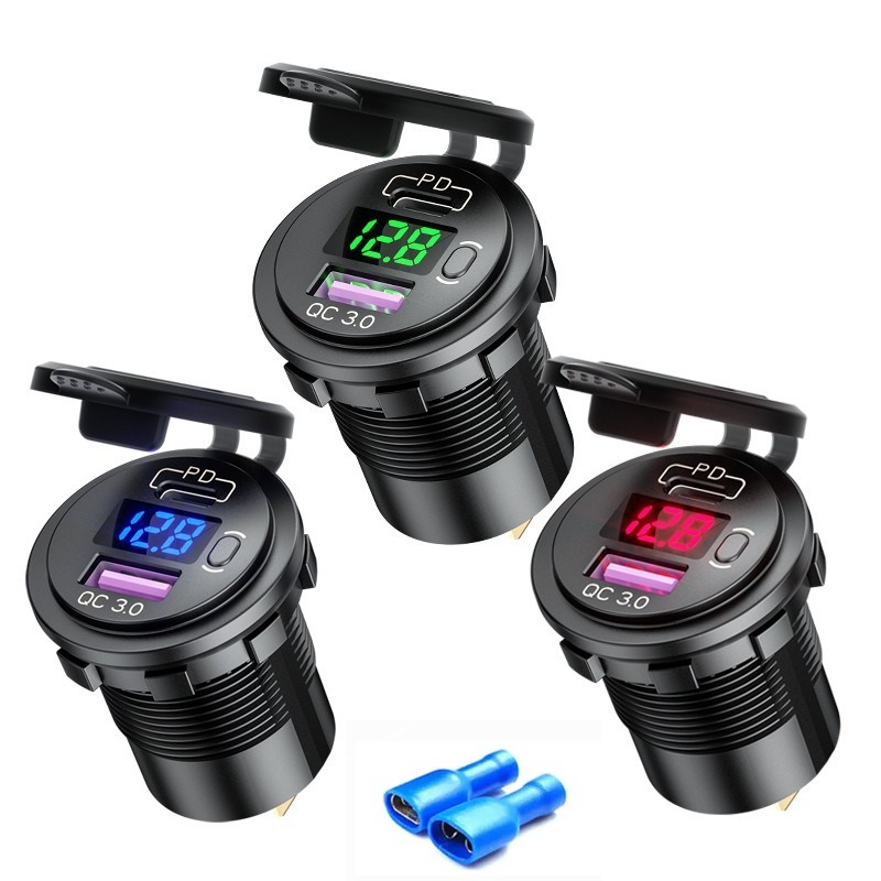 2 Types Car 12V 24V 60W USB Outlet Waterproof Charger Socket PD Type C and QC3.0 USB Port with Blue LED for Car Boat Marine Truck Golf Cart Dule QC3.0 USB Port Type