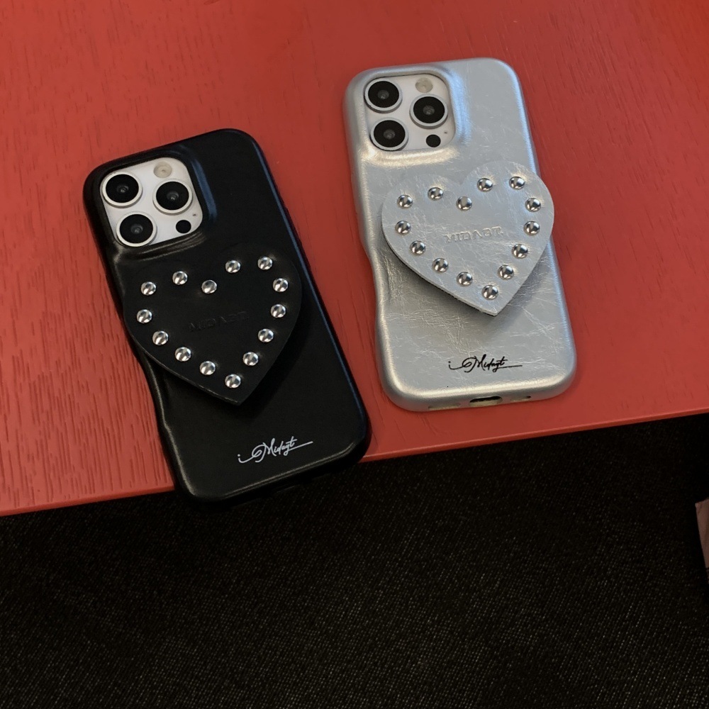 Niche Rivet Heart Stand Phone Case Compatible with iPhone 17 Pro Simple Solid Color iPhone 16/15 Protective Cover