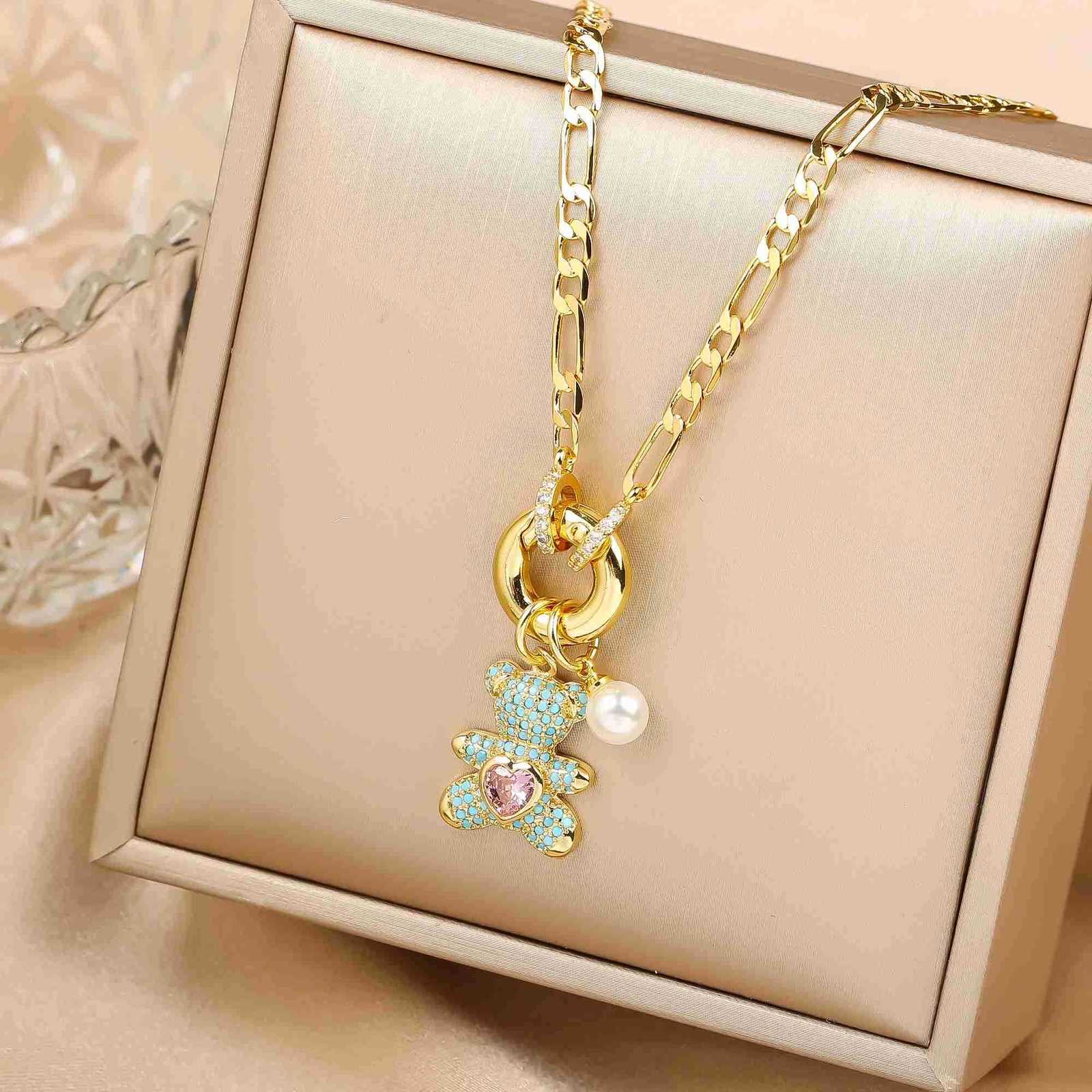 High Quality Shiny Crystal Zirconia Animal Cute Bear Pendant Necklace Choker for Woman Girl Holiday Lock Bone Chain Jewelry Gift U251022