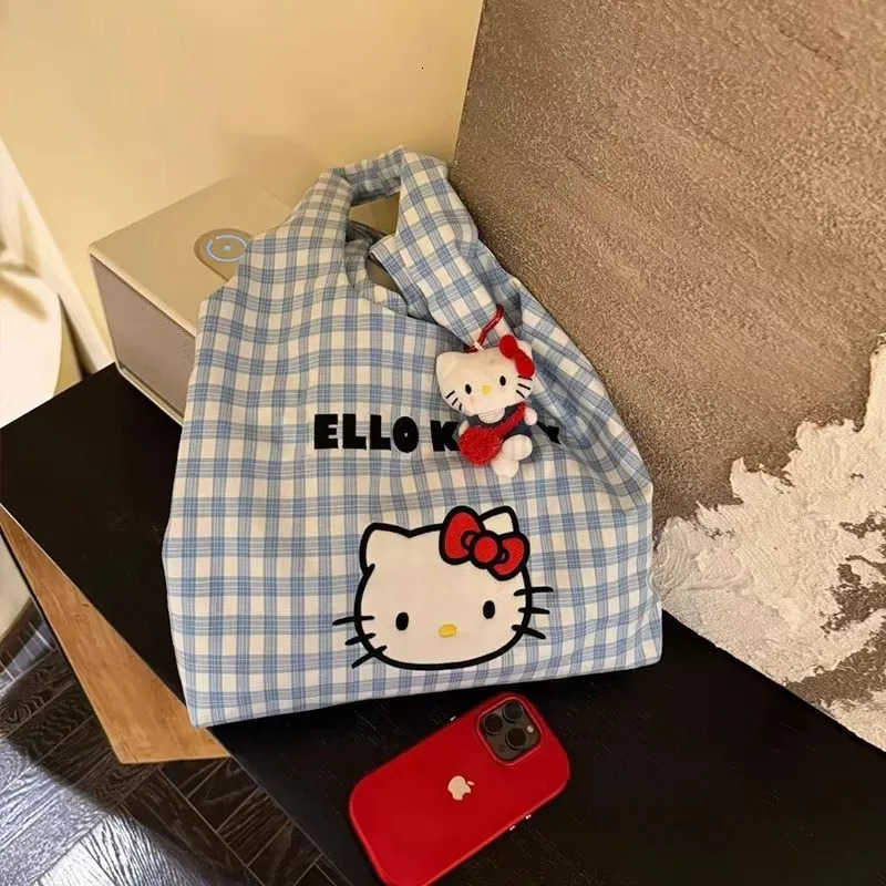 Sanrio Cute Hello Kitty Shoulder Bag Oversized Cotton Canvas Tote For Girls Fashion Kawaii Shopping Bag With Adorable Cat Print L251022