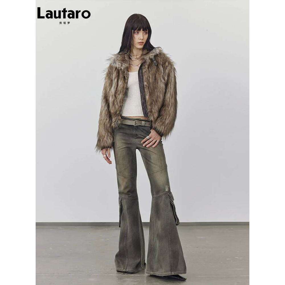 Lautaro Autumn Winter Short Warm Thick Hairy Shaggy Patchwork Faux Raccoon Dog Fur Coat Women Zipper Fluffy Jacket 2024