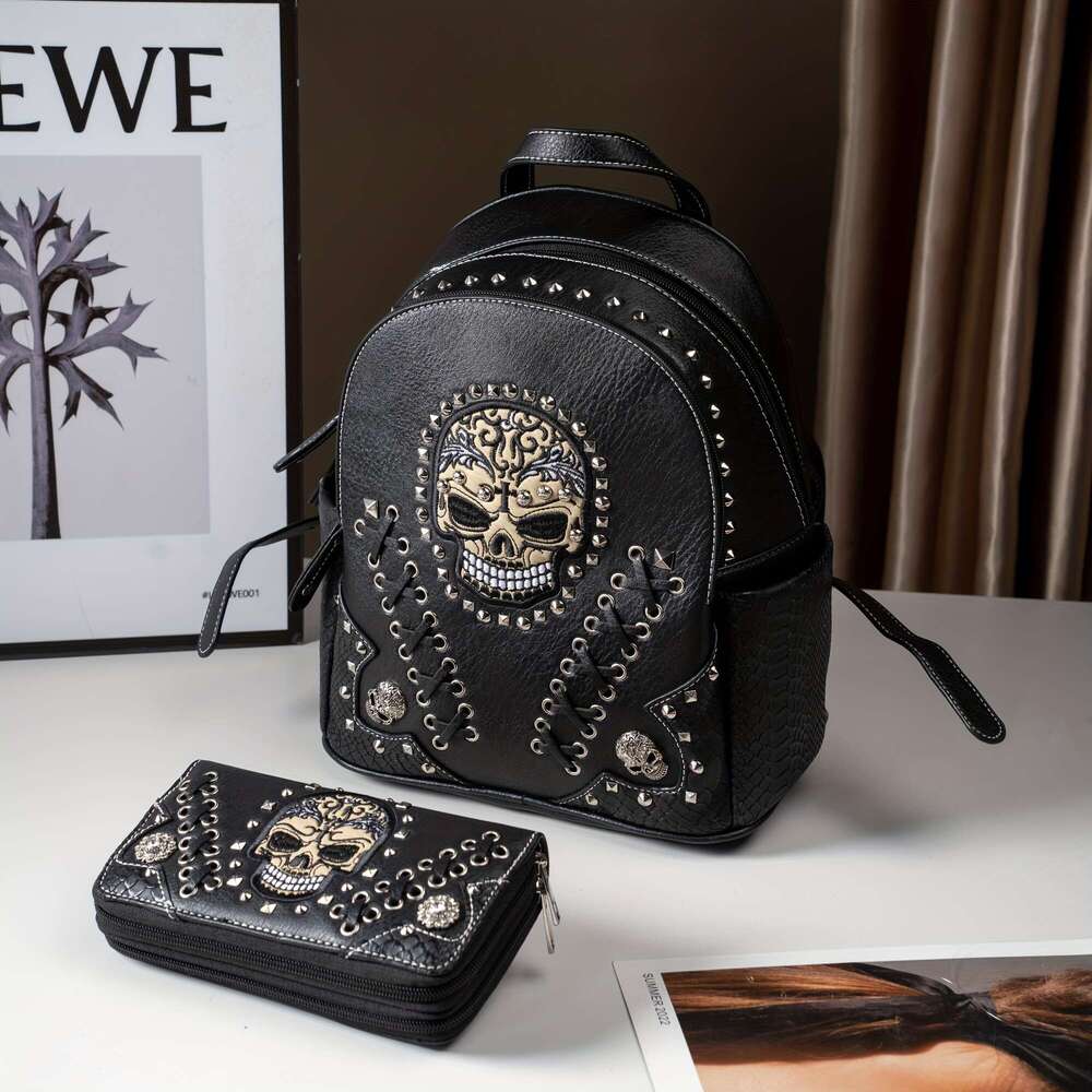 Women's Punk Set Large Synthetic Biker Bag Detachable Strap, Zippered Compartments, Skull & Spiked Design High Quality Soft Shell With Wallet Att
