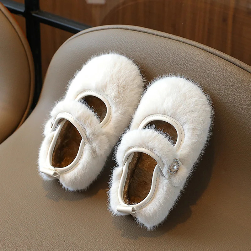 Manmade Mink Fur Ballet Flats for Baby Girls Winter Warm Loafers Kids Thick Plush Mary Jane Shoe With Rhinestone Buckles 251021