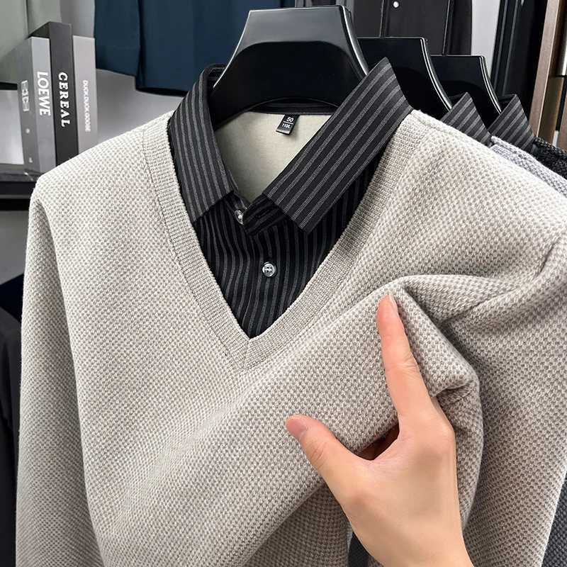Original Quality Mens Lapel Fake Two Piece Knitted Sweater Winter New Velvet Thickened Print Striped Business Casual MenswearXJ251022