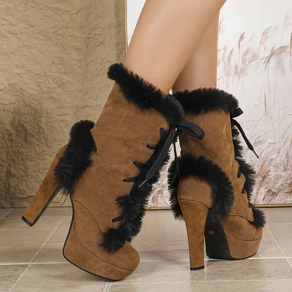 Women's With Thick Heels Chunky Round-Toe Warm Fau -Like Collar, Round-Heel Booties Wide Width Vailable For Ice & Snow - European-Inspired Cold-W