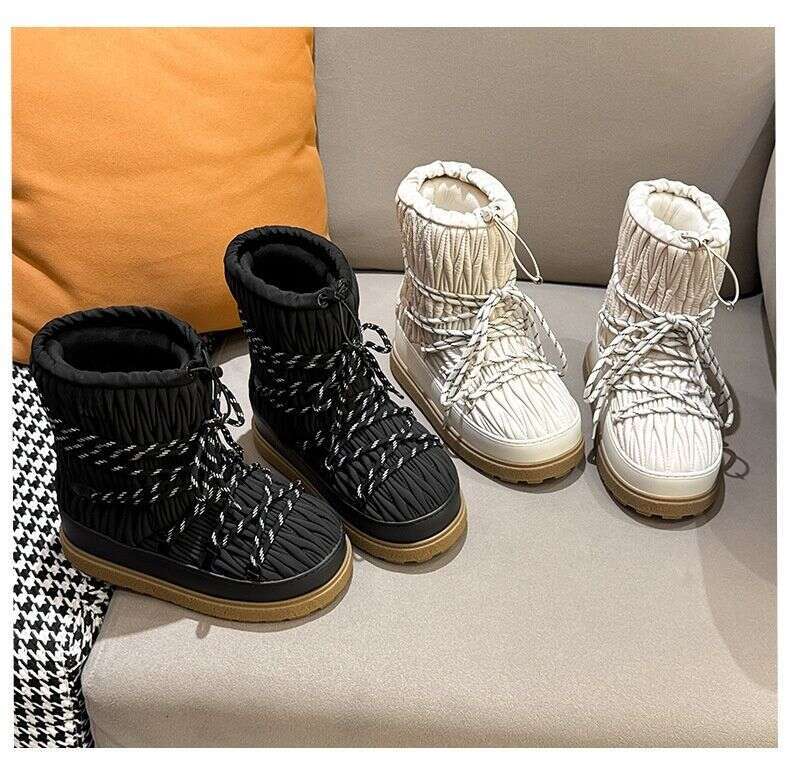 2025 New Style Wrinkled Nylon Lace-Up Thick-Soled Mid-Calf Ski Thickened Fleece-Lined Warm Snow Boots