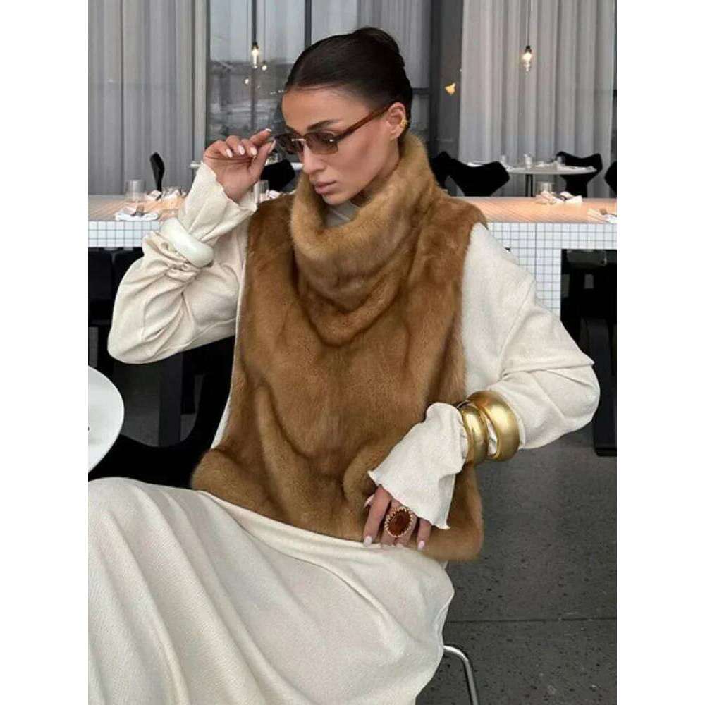 Women Solid Faux Fur Vest Crop Top Fashion Turtleneck Fluffy Short Tank Tops 2025 Winter Female Elegant Sleeveless Jacket Coat