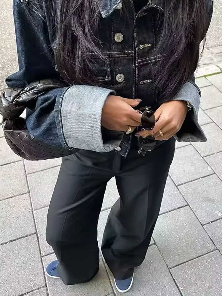 HH 2024 Autumn Female Vintage Denim Suit Long Sleeve Single Breasted Lapel CoatHigh Waist Wide Leg Jeans Street Fashion SetT251022