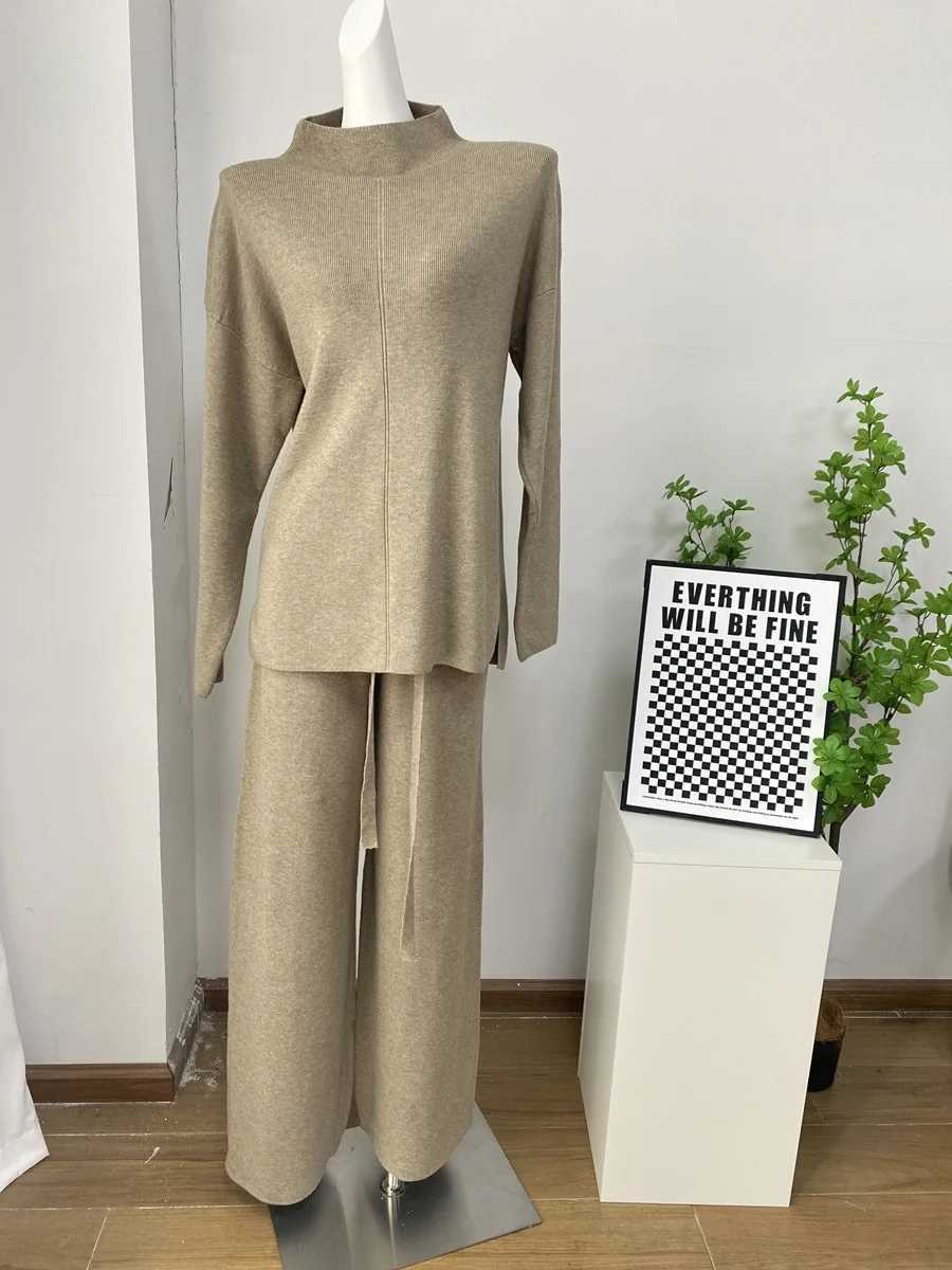 Knitting 2 Piece Set Women Pullover Sweater Pants Suit Knitted Top Half High Collar Jumpers Trousers Outfits Autumn WinterT251022