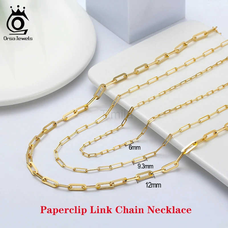 ORSA JEWELS 14K Gold Plated Genuine 925 Sterling Silver Paperclip Neck Chain 69312mm Link Necklace for Women Men Jewelry SC39 U251022
