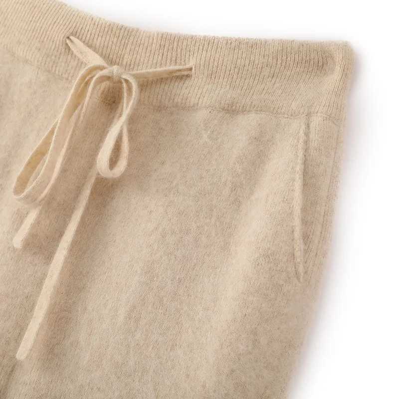 100 Pure Mink Cashmere Knit WideLeg Pants Womens Elastic Waist Loose Straight Trousers Leisure Thick Drawstring Mopping pantsT251022