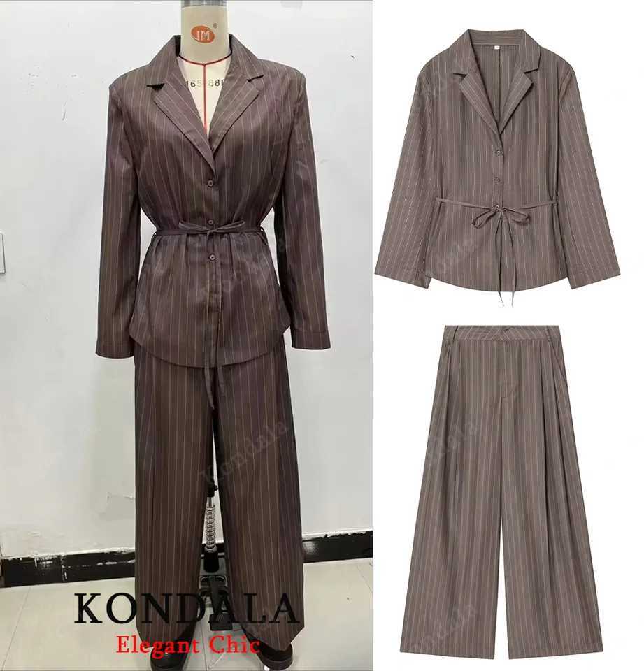KONDALA Women Elegant Striped Blazer Suit Slim Button Blazer or Wideleg Pants 2025 Spring Fall Fashion Mujer Commute Pants SetT251022