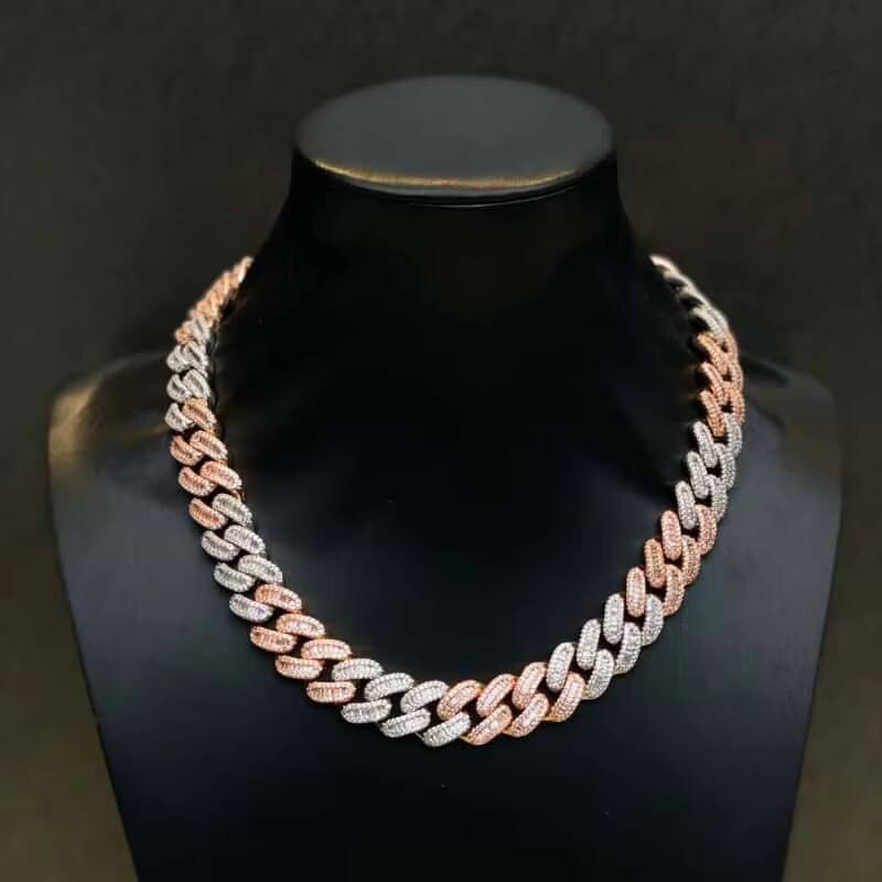 Mens Moissanite 15mm Miami Gold and Silver Cuban Chain Necklace the Same Style As That of Hiphop Singers and Celebrities